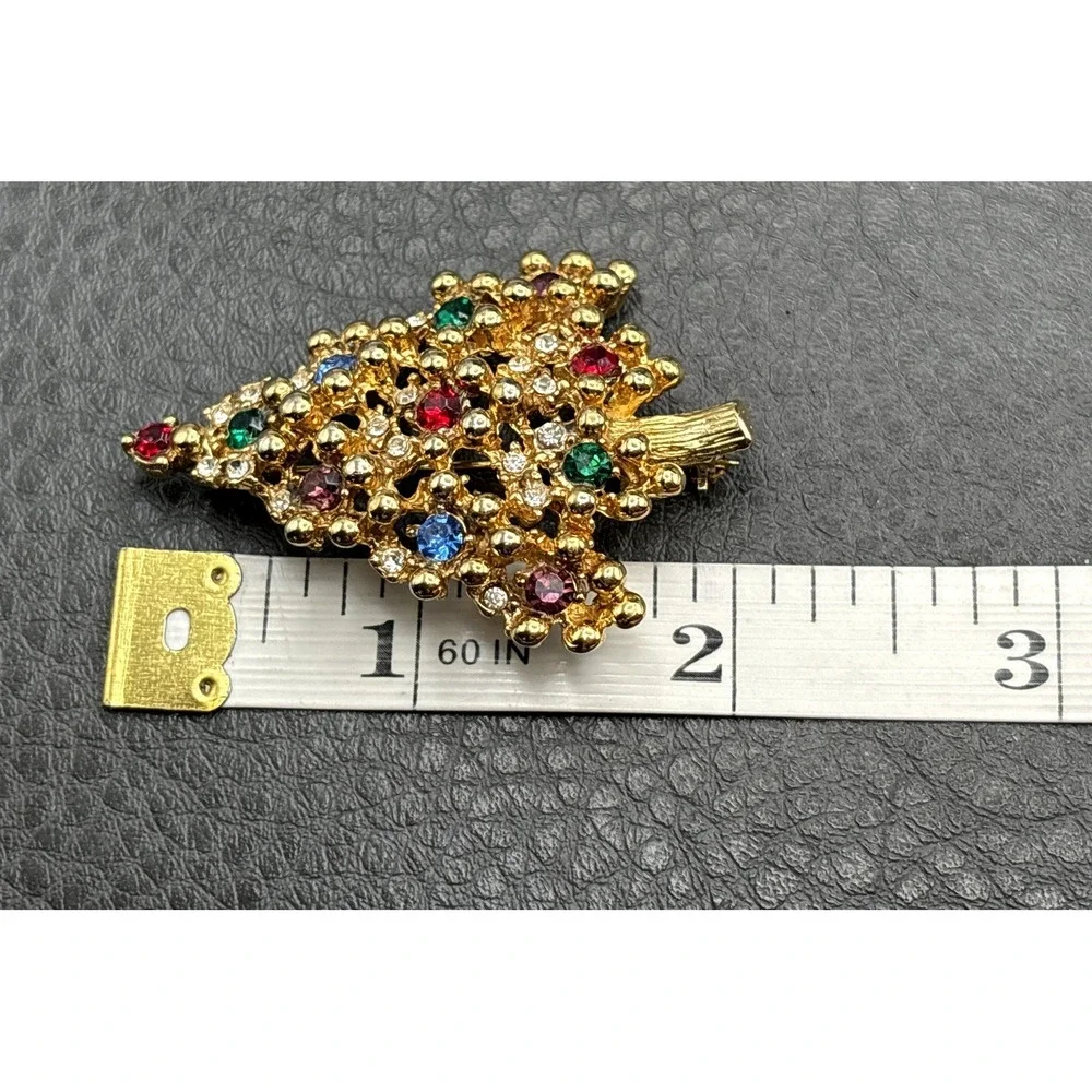 Vintage Colorful Christmas Tree Brooch Rhinestone Red Green Blue Gold Tone
